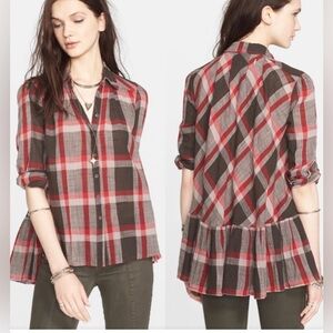 Free People Peppy In Plaid Gray/Red Button Up Ruffle Back Oversized Blouse Sz S
